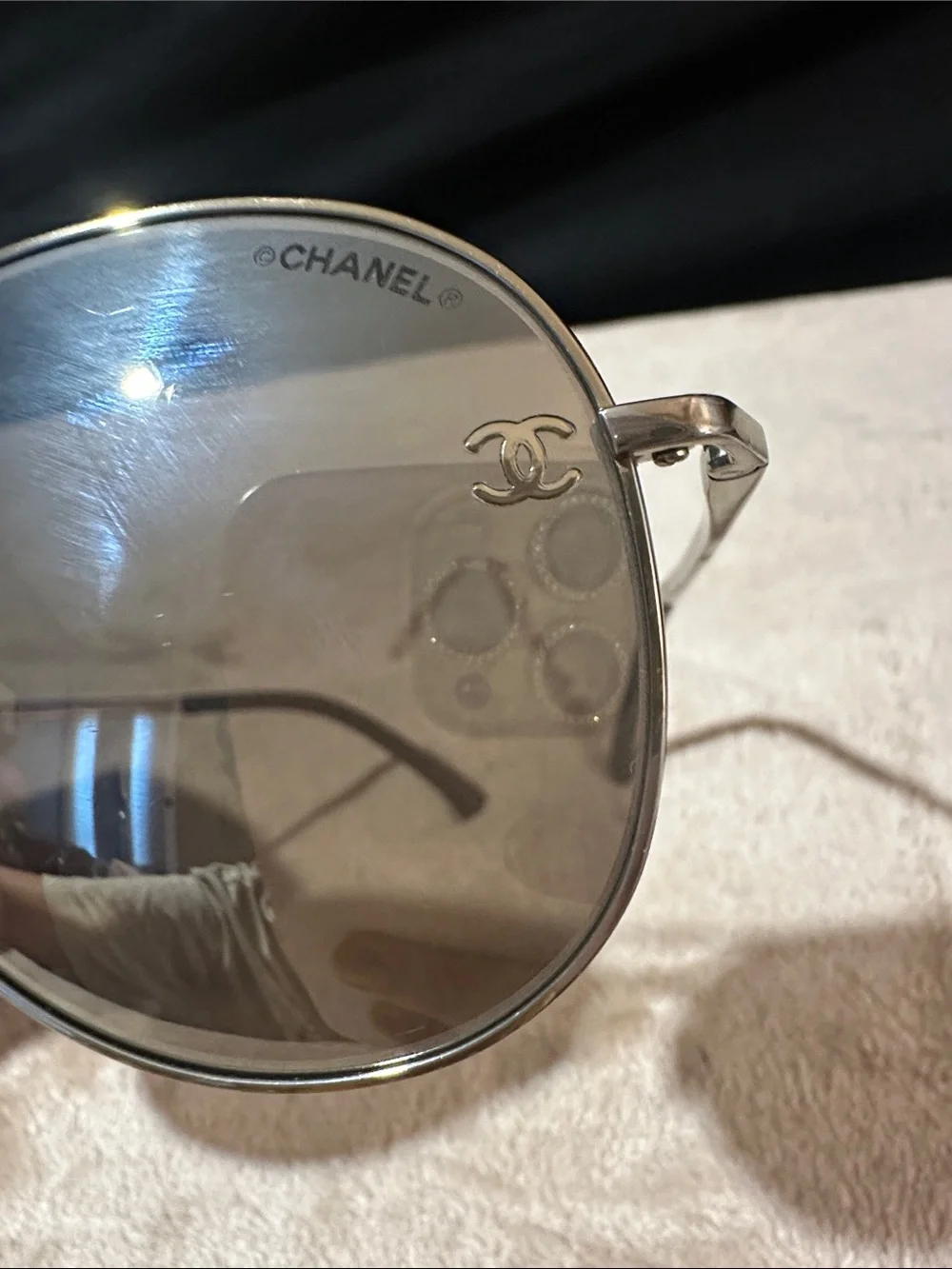 CHANEL Silver Aviator Sunglasses with Black Case